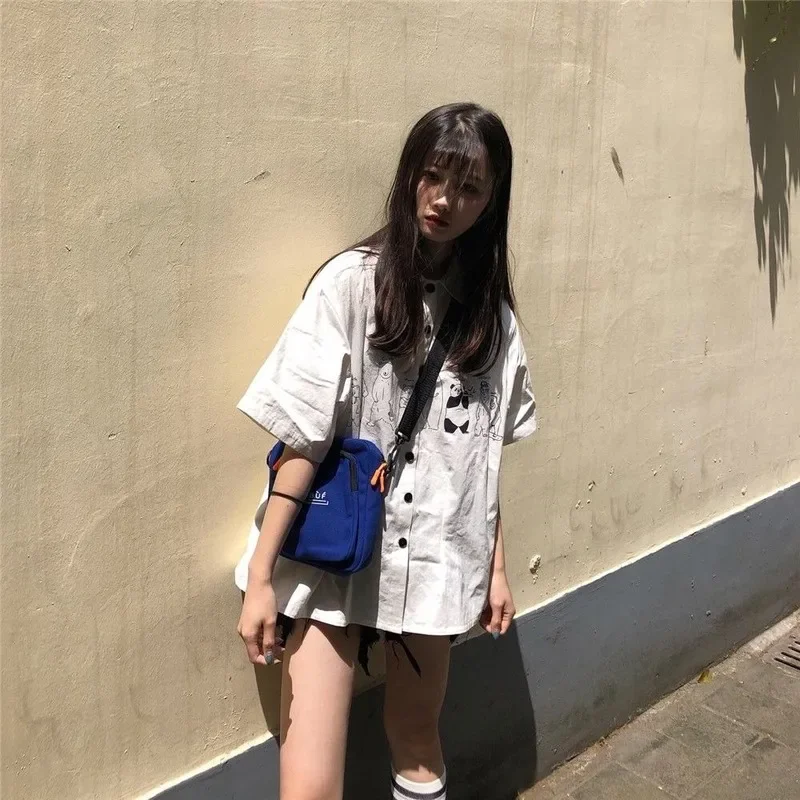 Women Shirts Turn-down Collar Summer Harahjuku Streetwear Printed BF Fashion Womens Vintage Elegant Students Ulzzang Chic Tender