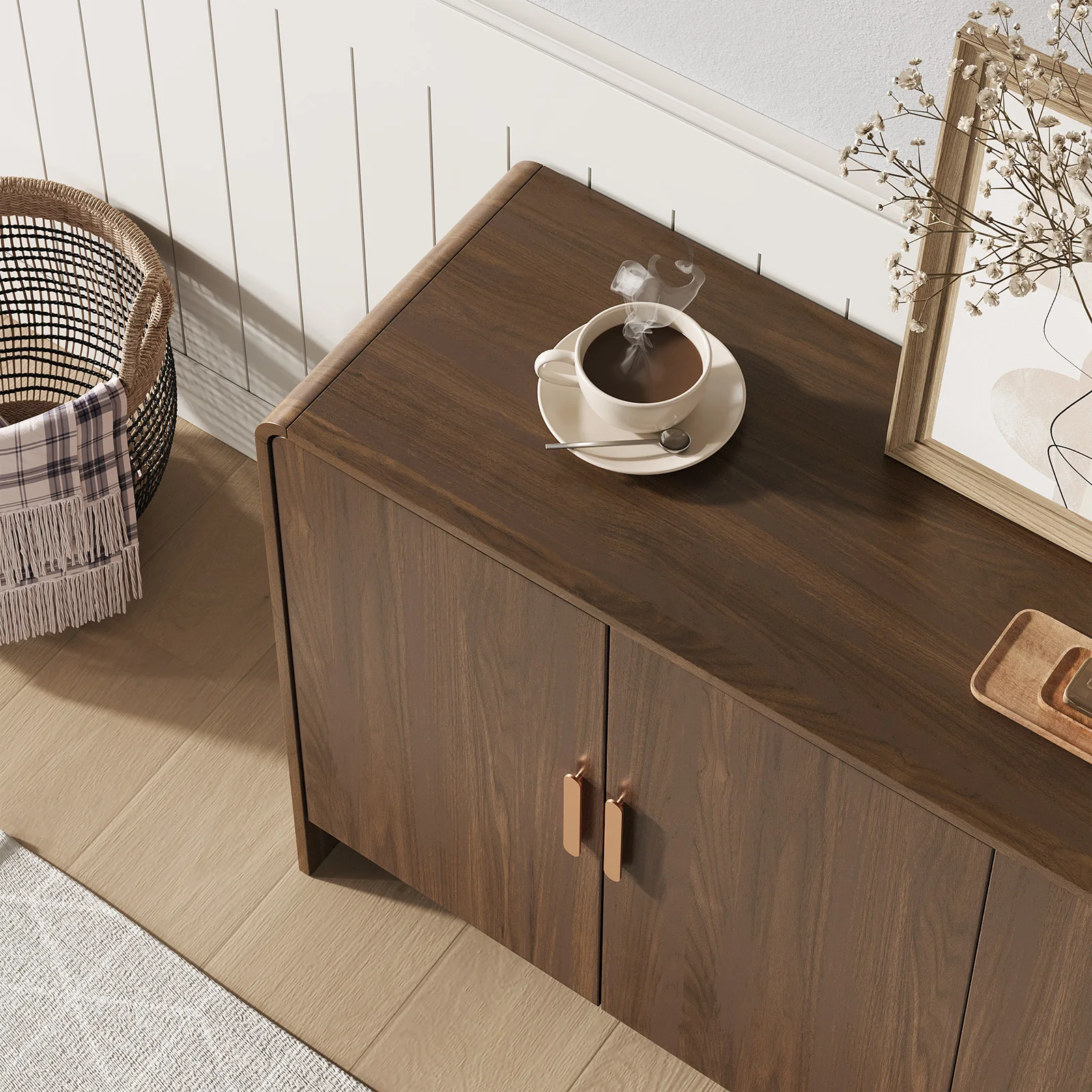 60" Sideboard Buffet Cabinet with Storage, Curved Design Farmhouse Coffee Bar Cabinet with 4 Doors & Adjustable Shelves image 4