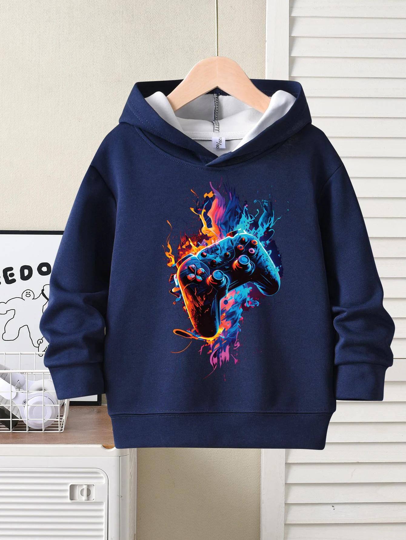 سويت شيرت بغطاء للرأس عصري للتحكم في الألعاب، قماش ناعم وصديق للبشرة لفصل الربيع والخريف، بلوفر كاجوال للأولاد بقلنسوة #4