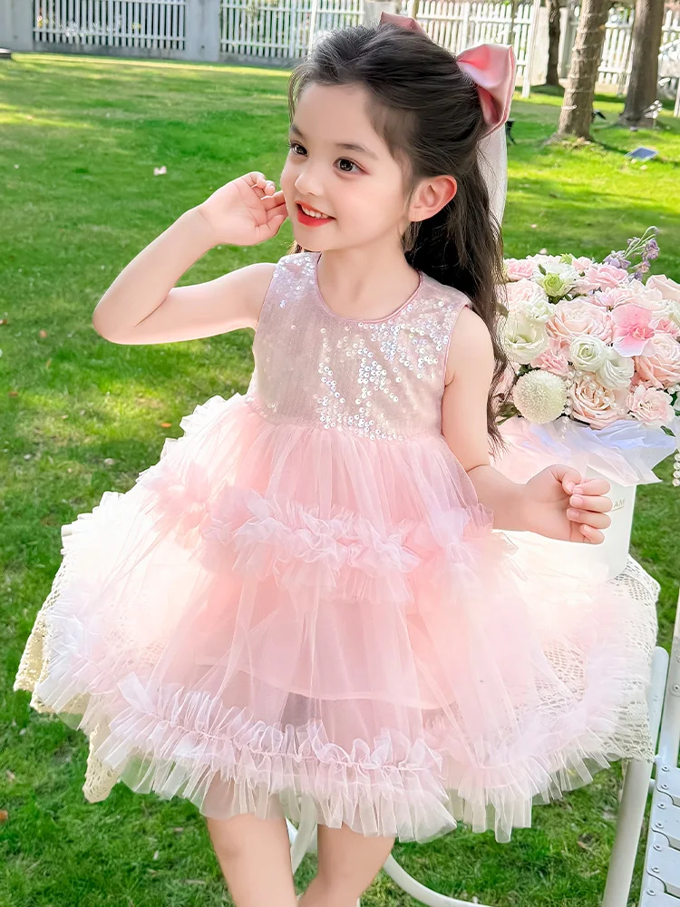 Vestido de Verão para Meninas, Estilo Princesa Doce, com Lantejoulas e Tule, Sem Mangas, Saia em Camadas, Elegante e Rodada