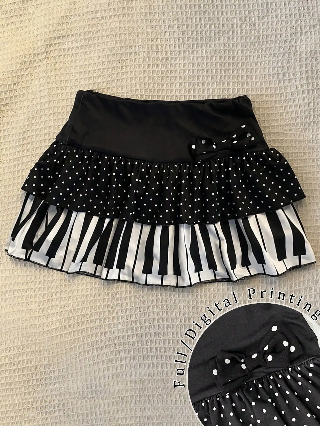 Harajuku Cute Polka Dot Piano Print Mini Skirt Women High Waist Ruffle Bow Trim Casual Party Music Festival Daily Wear Outfits