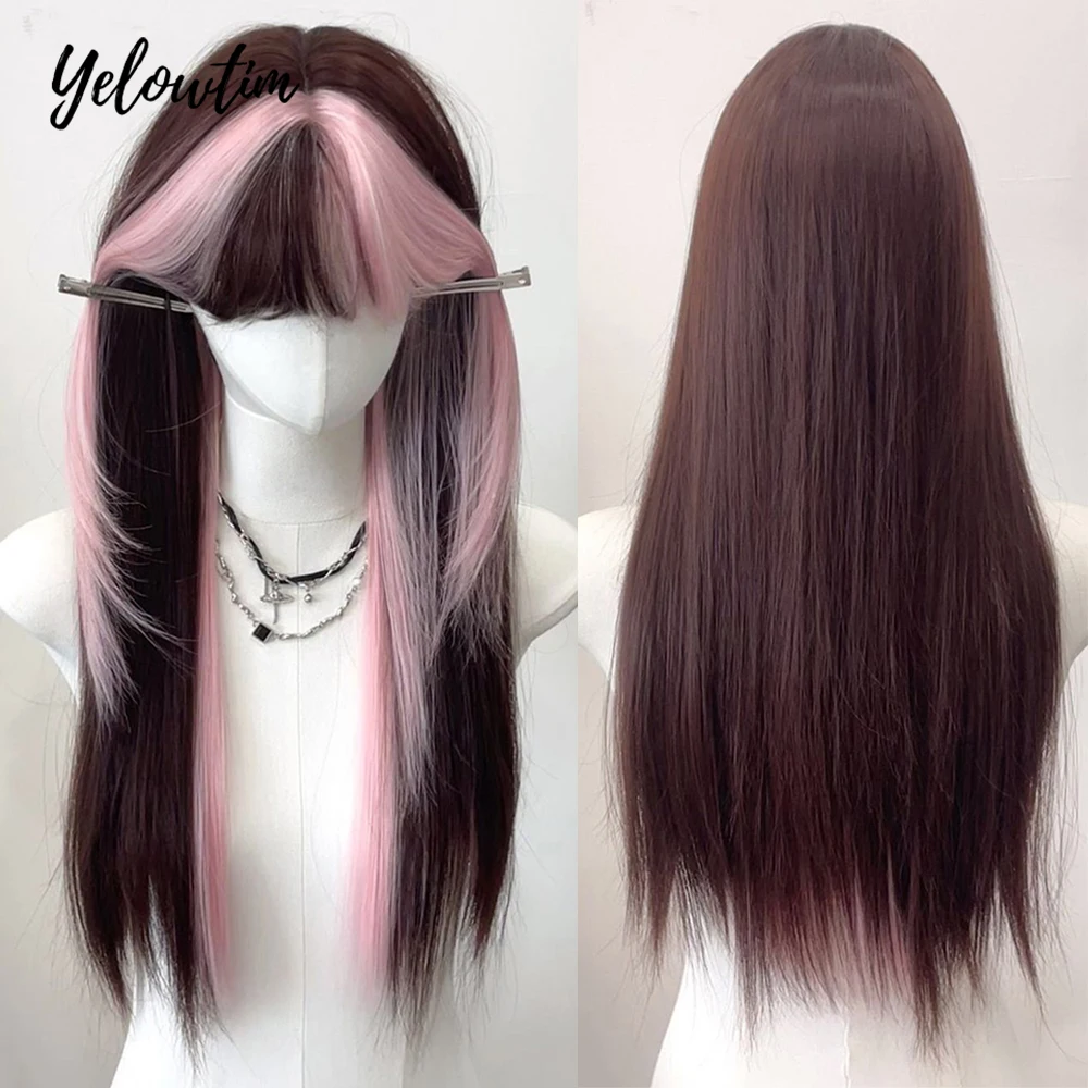 

Yelowtim Synthetic Long Silky Straight Wigs with Bangs Pink Cosplay Party Lolita Hair Wigs for Women Natural Heat Resistant Wig