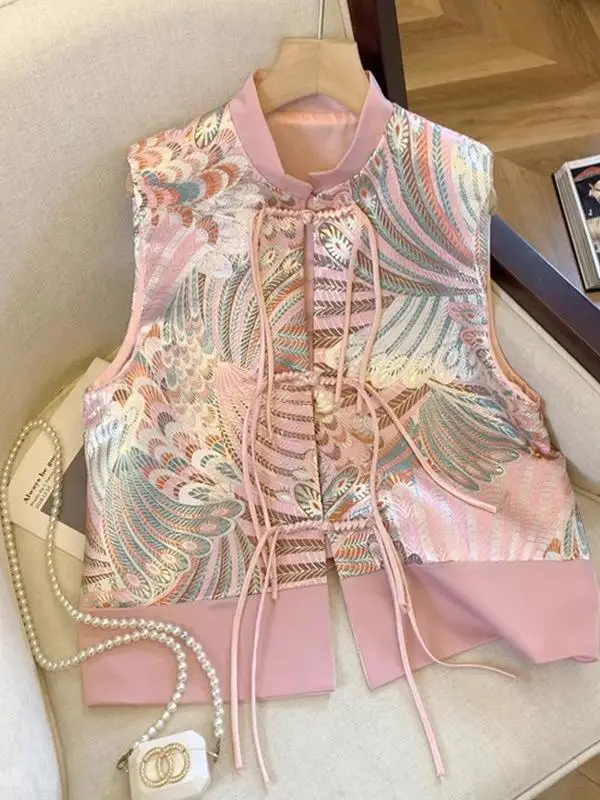 

New Chinese Sle Satin Patchwork Stand Collar Women's Vest Top Spring Faionable Commute Regular Length Single Button