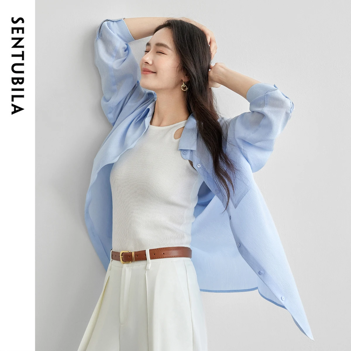 SENTUBILA Casual Women's Shirt Solid Loose Fit Fashion Turn Down Collar Single Breasted Folds Blouses 2025 Spring New 151C57686
