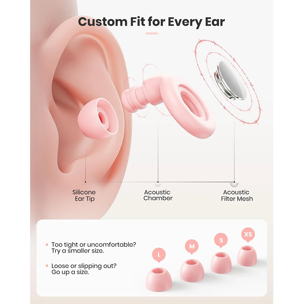 سدادات أذن لإلغاء الضوضاء أثناء النوم، سدادات أذن 25 ديسيبل لتقليل الضوضاء مع 8 أطراف أذن، سدادات أذن من السيليكون قابلة لإعادة الاستخدام للسمع