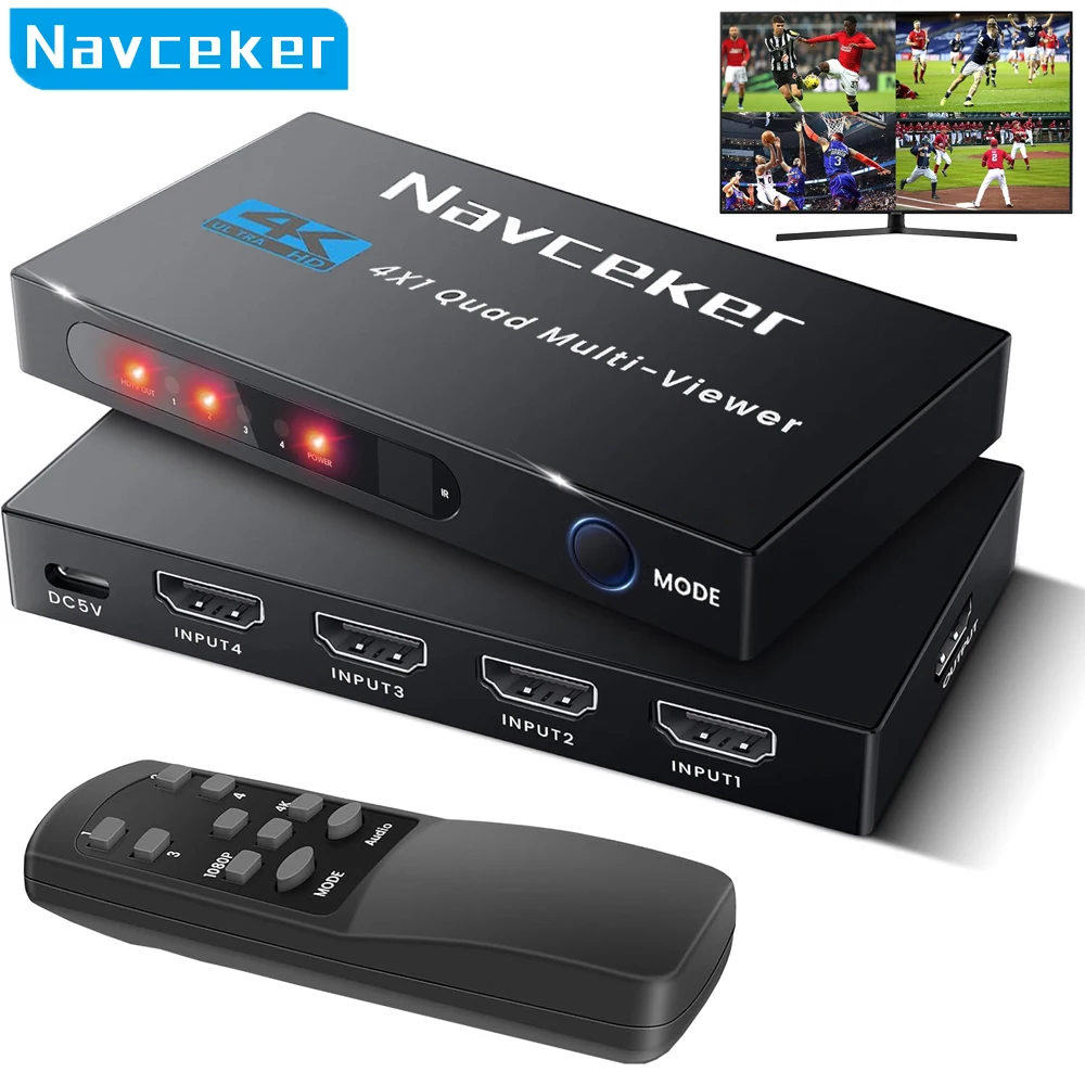 

4K HDMI Quad Screen Multiviewer 4x1 1080P 4 in 1 out HDMI Multi Viewer Seamless Switcher 9 Display Modes for Camera Laptop PC TV