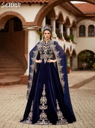 Navy Blue Velvet Evening Dress Turkish Kaftan Party Crystals Eleagnt Prom A-line Gown Floor-length Customized Robe De Mariée