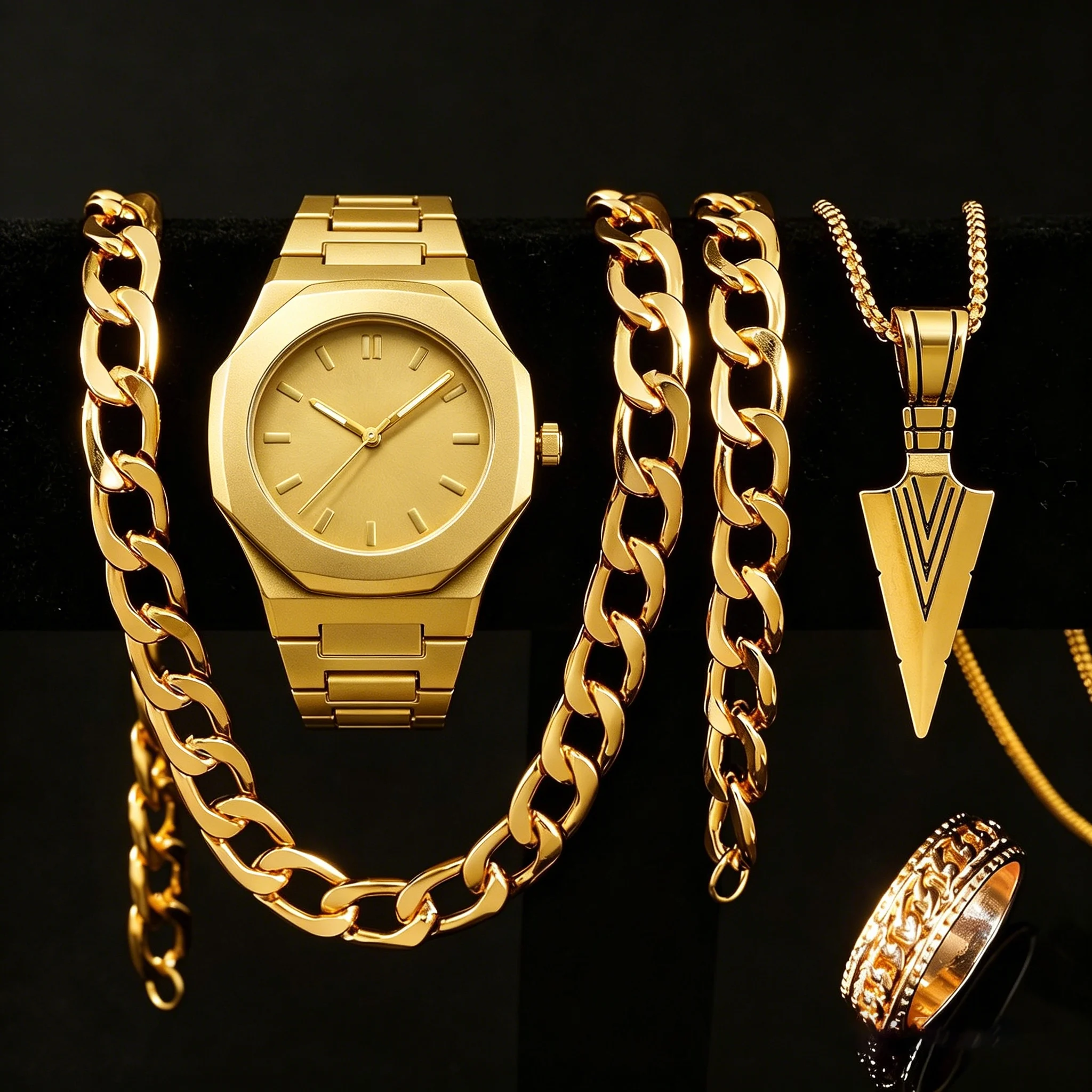 Smartwatch Luxury Watches - นาฬิกาควอตซ์ผู้ชายแฟชั่น 4 ชิ้น หน้าปัดทรงกลม เหมาะสำหรับโอกาสทางการและลำลอง นาฬิกาหรูหราสำหรับนักธุรกิจ