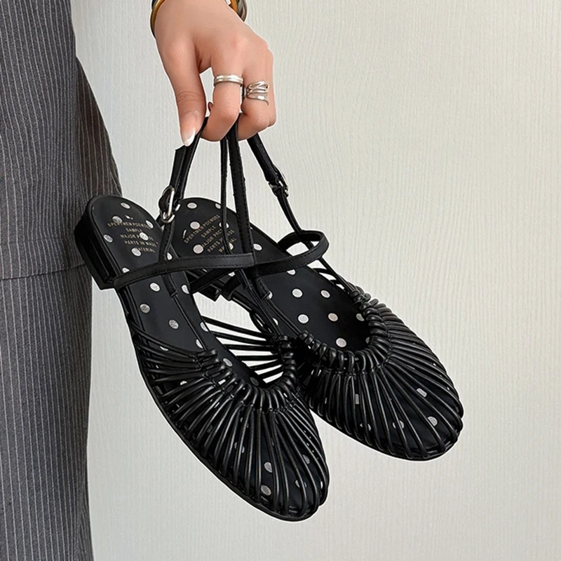 Women's new summer leather cowhide round toe hollow out comfortable breathable loose grip low heel shoes fashion sandals