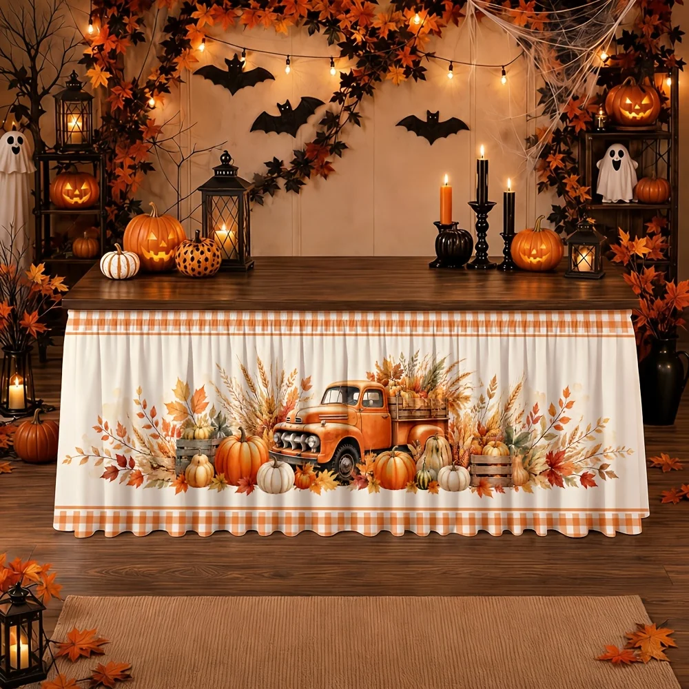 Tablecloth table skirt 1 piece Autumn harvest vintage truck pumpkin wheat leaves Orange checkered farmhousezyc