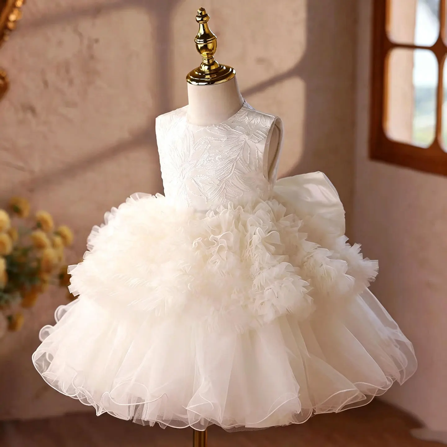 Jill Wish J863 White Sleeveless Flower Girl Dress Embroidered Top Fluffy Layered Tulle Skirt Princess Gown for Wedding Birthday