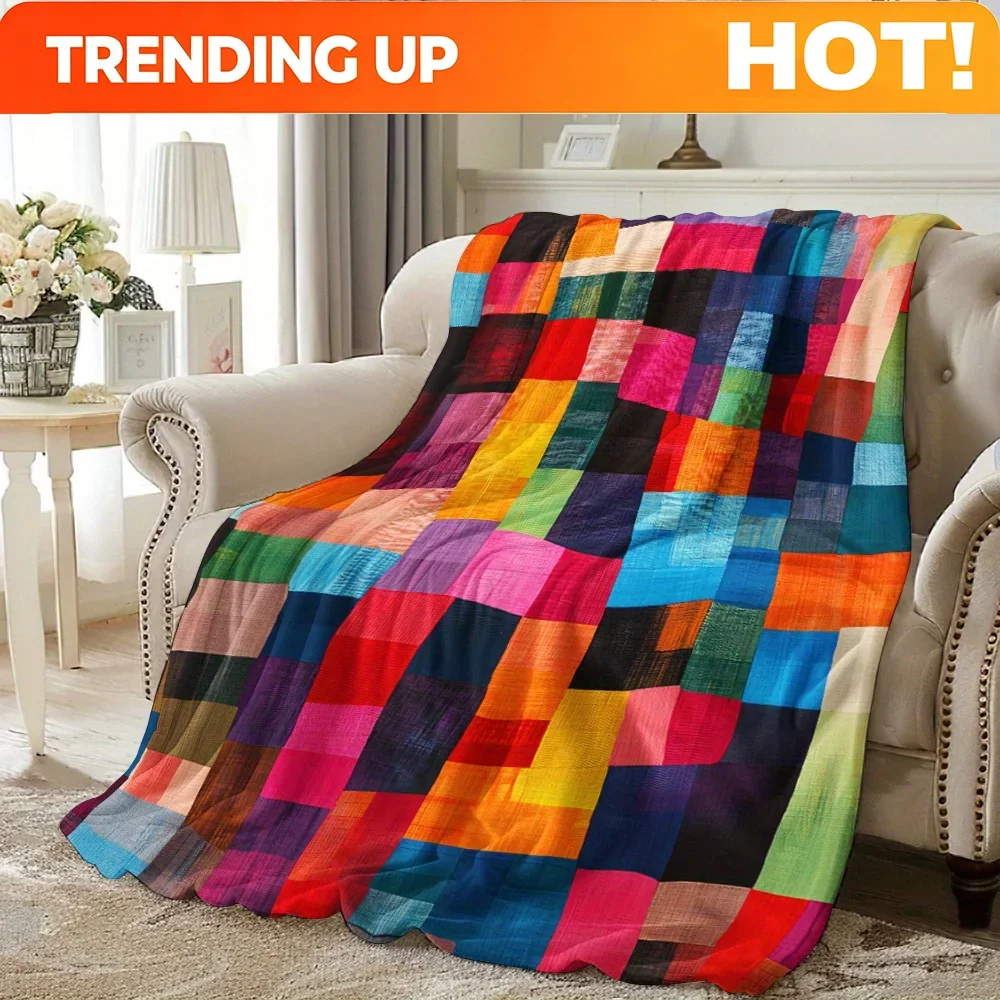 Customization Colorful Plaid Flannel Blanket With Rainbow Patchwork Style Suitable For Bedroom Use Offering Soft Comfort And Qua