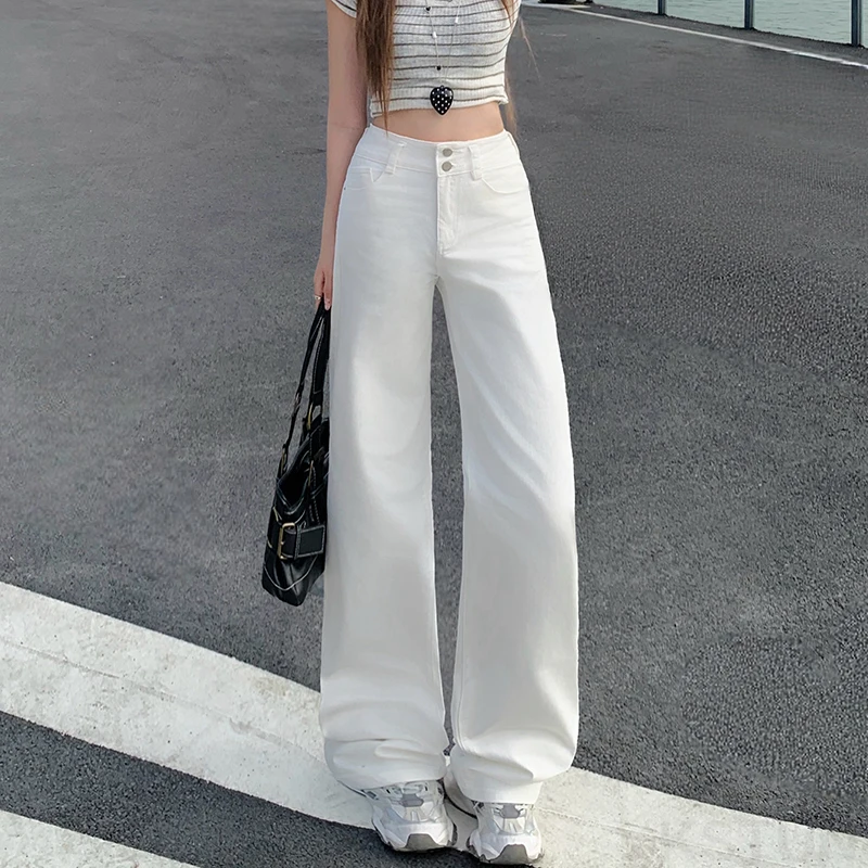 KSTUN 2026 Stretch Witte Jeans Dames Hoge Taille Double-Breasted Jeans Rechte Pijpen Denim Broek Casual Veelzijdige Lange Broek