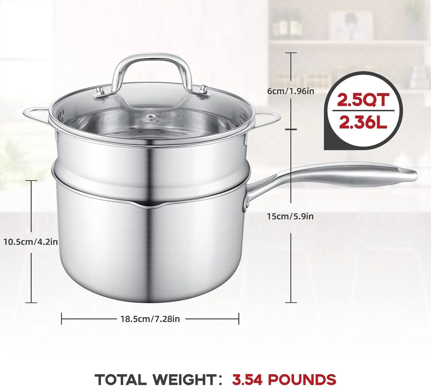 

2.5 Quart Stainless Steel Saucepan with Steamer Basket,Tri-ply Full Body,Multipurpose Sauce Pot with Two-Size Drainage Holes Lid