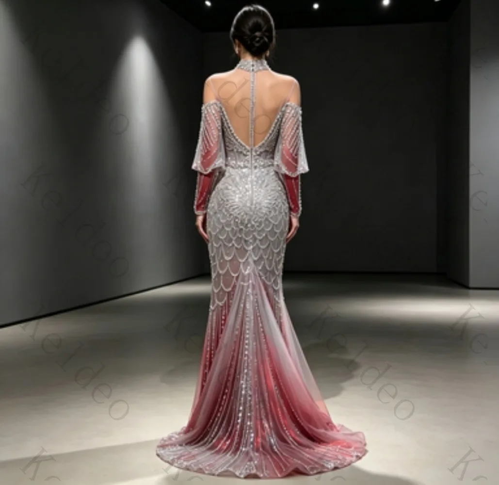 Customized Halter Off‑Shoulder Mermaid Evening Gown Heavy Beaded Bell Long Sleeves Gradient Tulle Floor‑Length Formal Party Prom