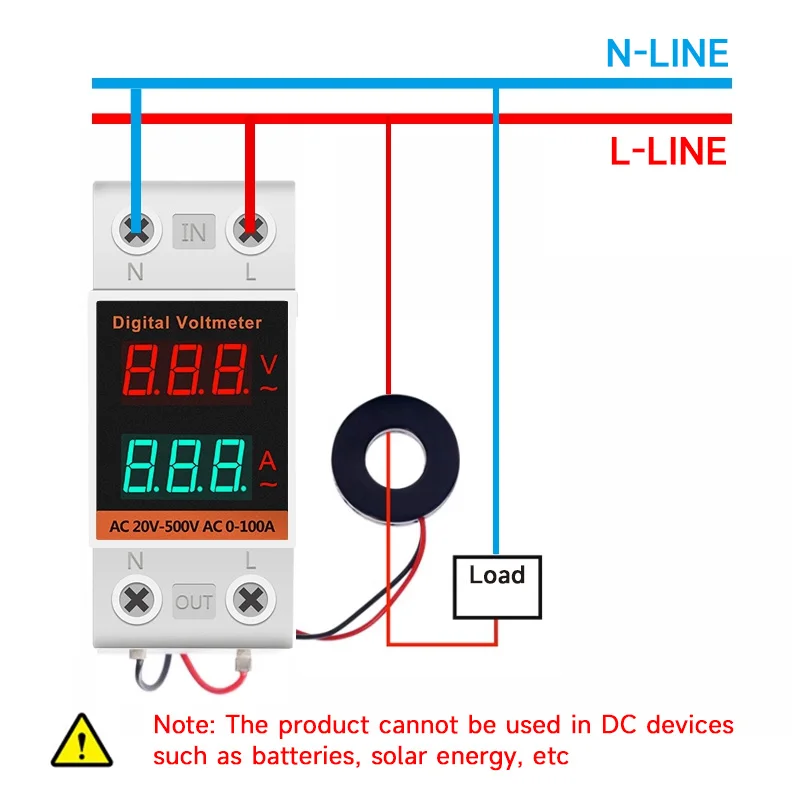 Din Rail LCD Dual Digital AC Voltmeter Ammeter  AC220V 380V Electricity Meter AC60-500V AC0.00-99.9A Amp Monitor