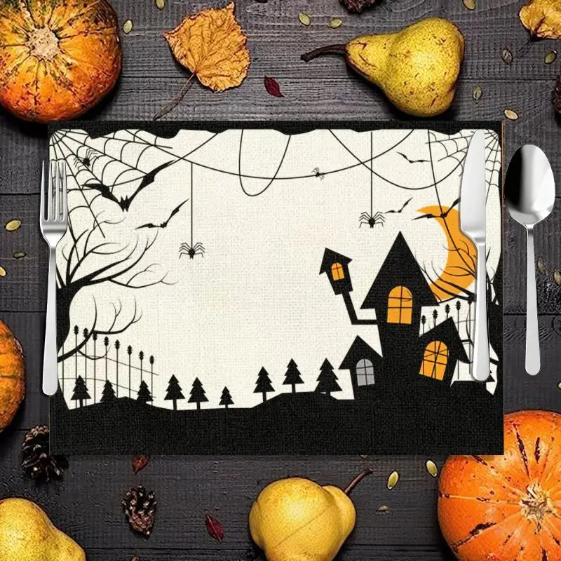 VIKAMA Black White Haunted House Halloween Placemat Linen Bat Spider Web Moon Print Gothic Table Decor