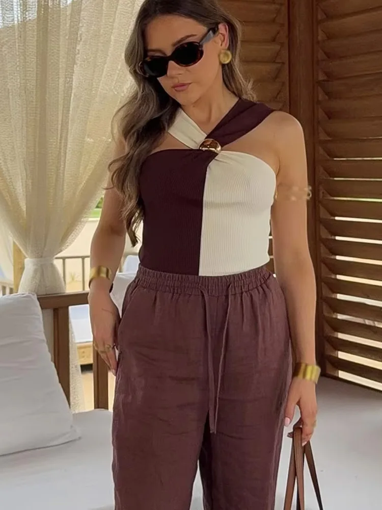 HH المرأة الصيف مثير سليم بلوزات قصيرة معلقة الرقبة طوق عارية الذراعين أنثى موضة شيك بلا أكمام محبوك القمم 2 اللون 2025 #3