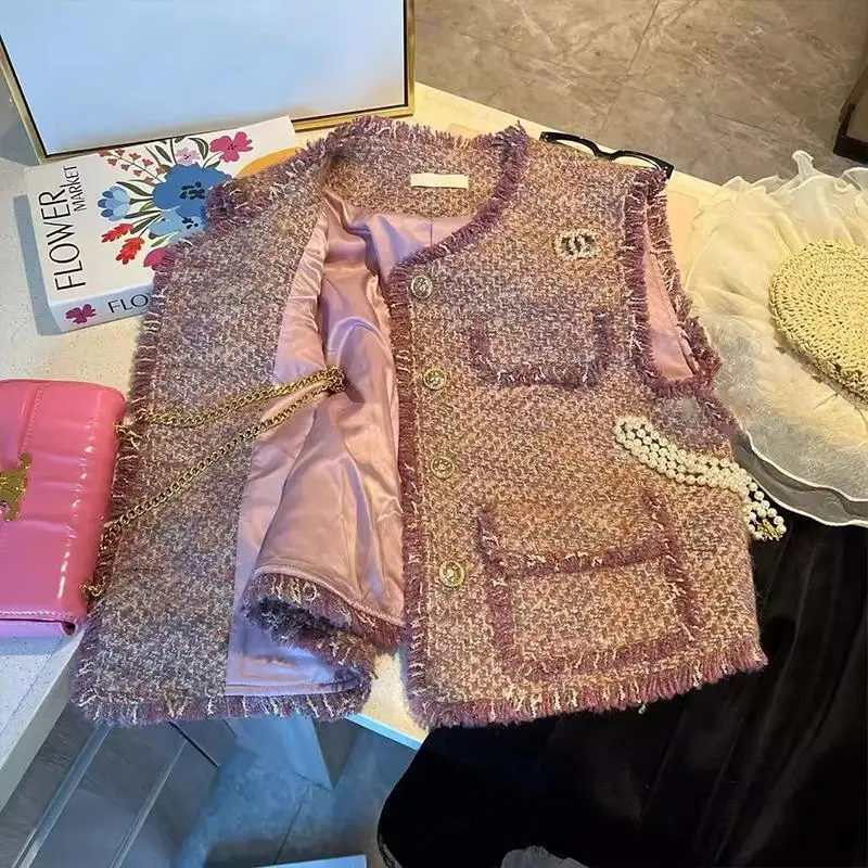 

Pink Tassel~2025 Spring Color Blo Large Size Small Fraance Sle Thiened Knitted Vest in China round Ne Single Button