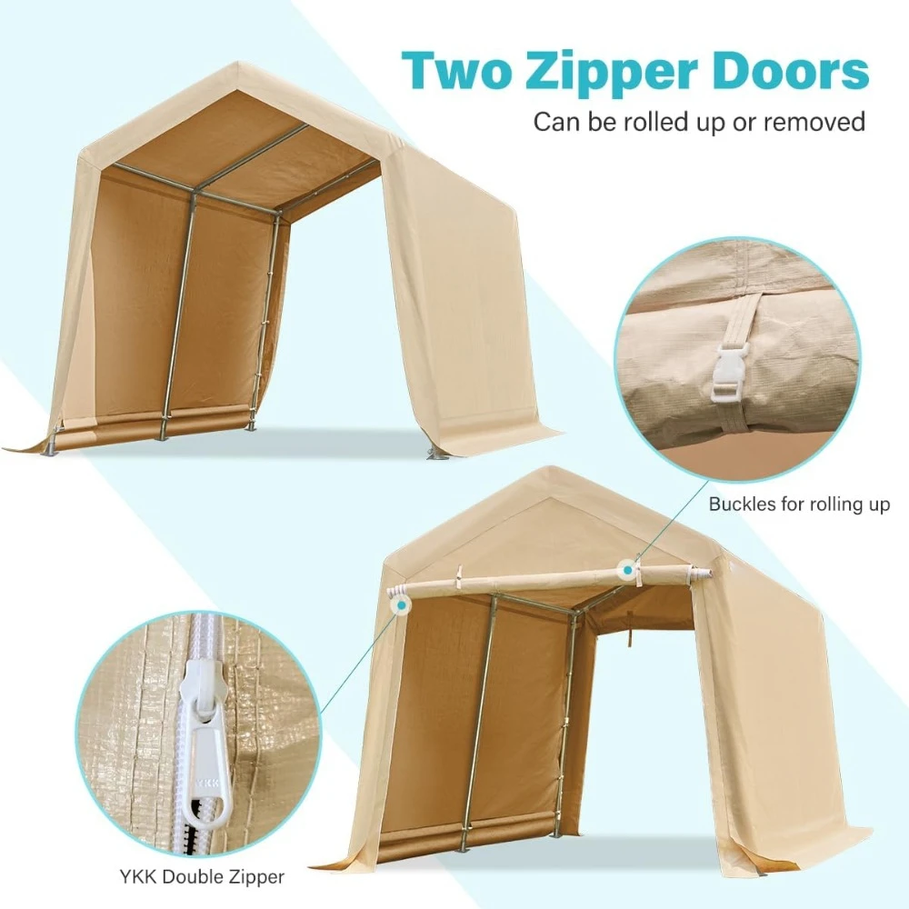 مرآب تخزين محمول مضاد للثلج على السطح للدراجات النارية أو أدوات الحدائق مع بابين وفتحات قابلة للطي، بيج