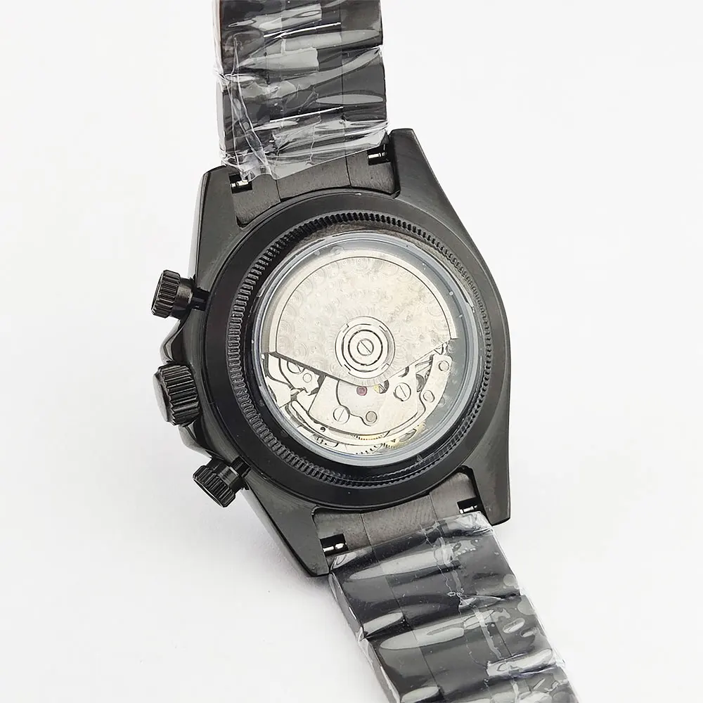 39mm relógio masculino de luxo 7750/4613d movimento mecânico automático cronógrafo moldura de pedra preciosa vidro safira relógio masculino preto