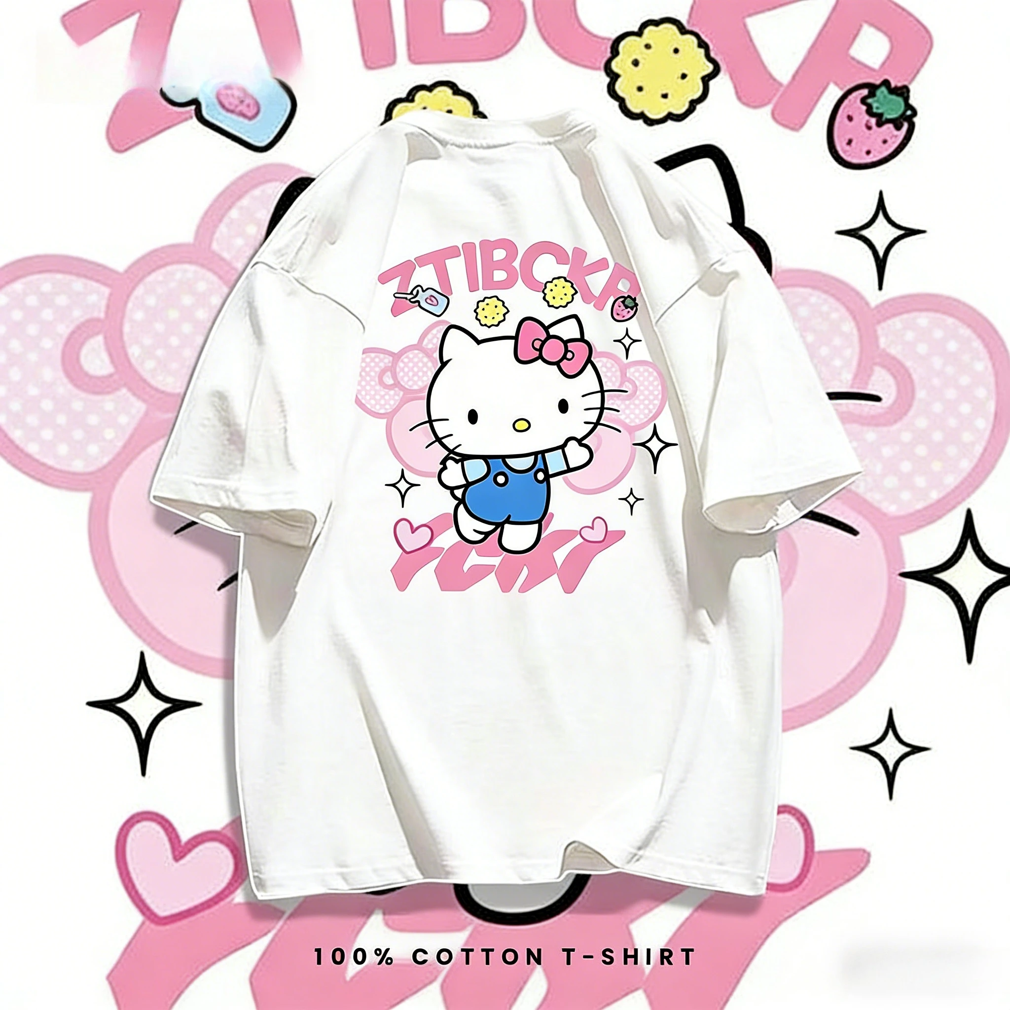 

Summer 2026 Hello Kitty Sweet and Cool Girl Style 100% Pure Cotton Printed Oversized T-shirt for Adults, Children and Parents