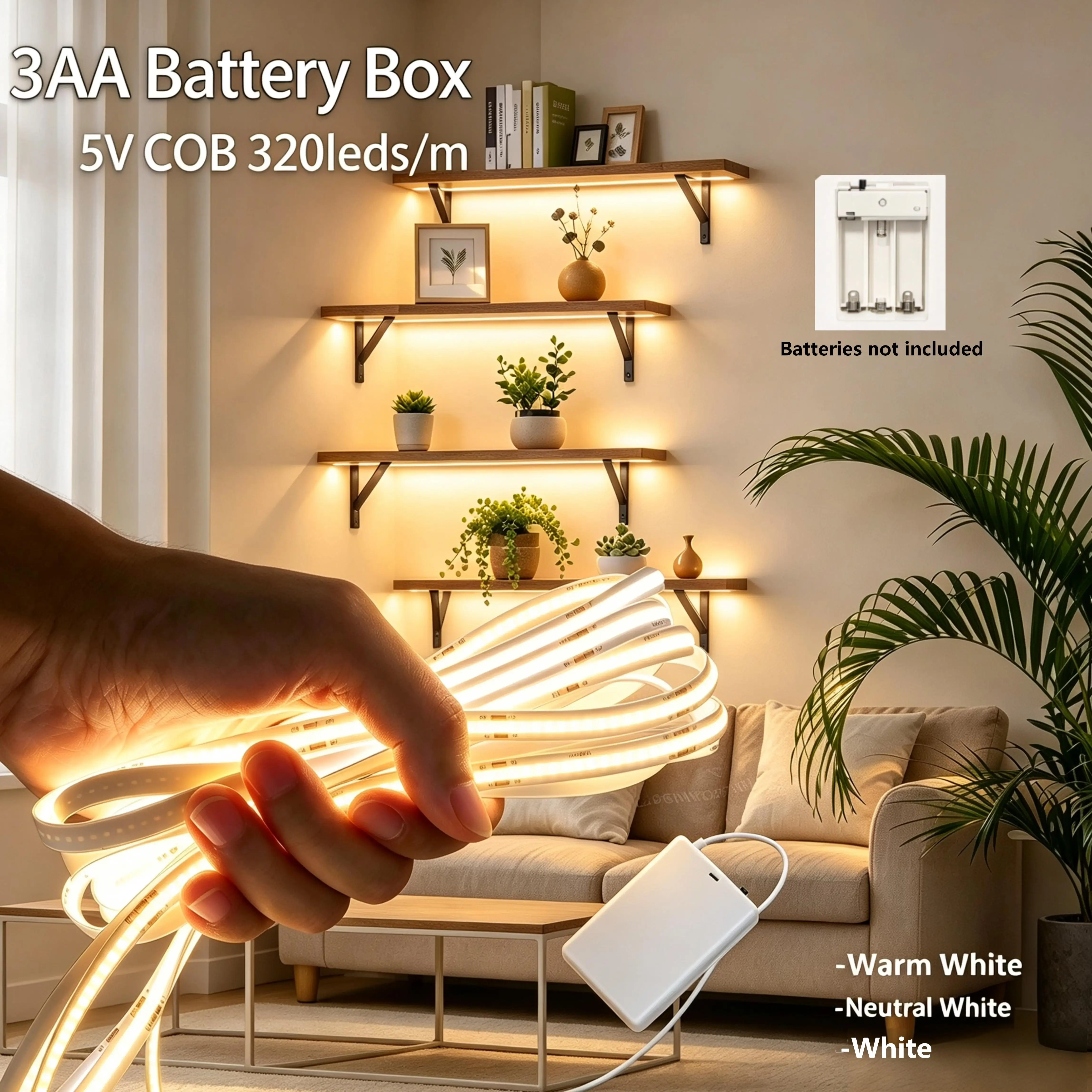 3Aa Battery Box Cob Flexible Led Light Strip, White Light/Warm Light/Natural Light, 1M/2M/3M/4M/5M, Can Be Cut to Size, Suitable for Shelves, Floating Bookcases, Display Cabinets, Cabinets, Tv Mirrors, Supplementary Li