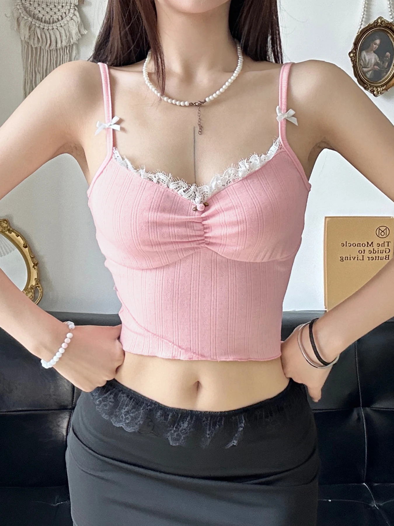 IAMSURE Sweet Solid Lace Trim Camis Top Slim Folds Bow V-Neck Sleeveless Tank Tops Women 2024 Summer Fashion Streetwear Ladies