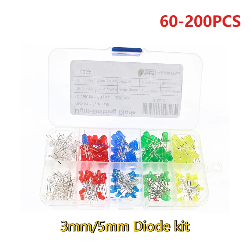 60-200PCS 3mm 5mm LED Diode Assorted Kit F3 F5 LED Light Emitting Diodes Multicolour White Red Blue Green Yellow Orange DIY Kit