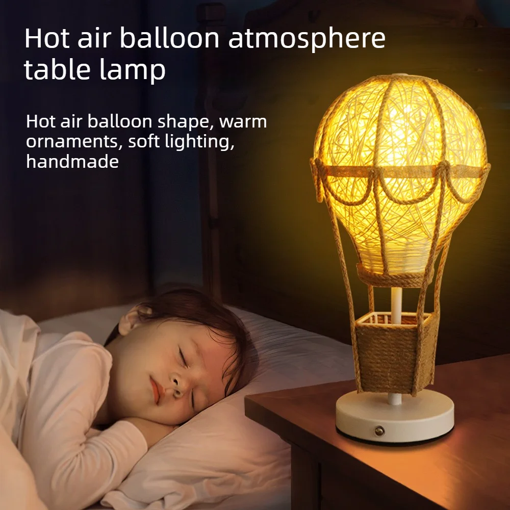 Creative Rattan Lampshade Hot Air Balloon Table Lamp Children's Bedroom Atmosphere Table LampOrnament Night Light Warm Ornament