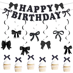 Black Bow Theme Banner Hanging Spiral Bow Pattern Cake Topper Girls Birthday Party Scene Decoration Supplies Gifts