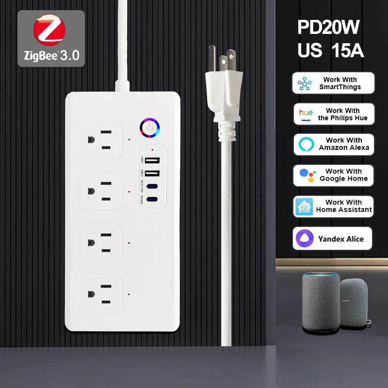 

Умный удлинитель YuHome Zigbee US USB C PD20W, 4 розетки с индивидуальным управлением, совместимые с Alexa Google Home Phillilps HUE