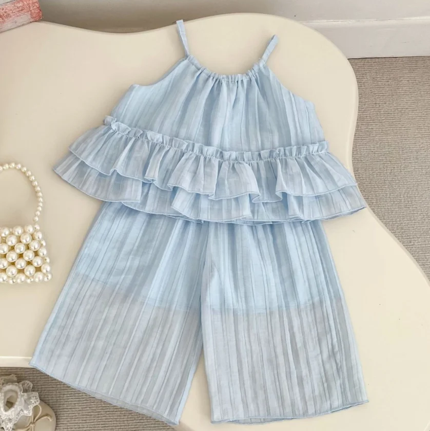 

Summer Toddler Girl Ruffle Spaghetti Strap Camisole Tops with Loose Wide Leg Shorts 2Pcs Casual Sweet Daily Matching Outfits