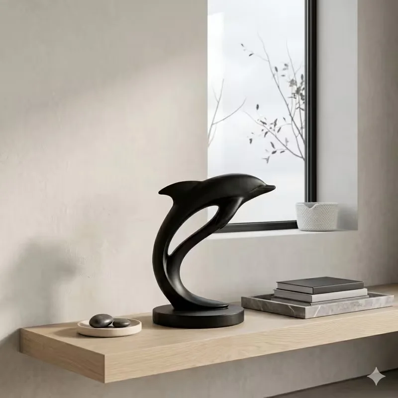 3D Printed Abstract Black Dolphin Sculpture Minimalist Marine Animal Figurine Modern Tabletop Ornament for Living Room Decor