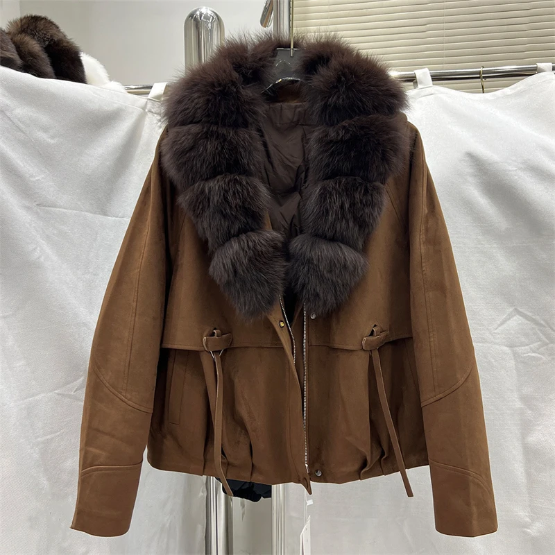 Women's Suede Down Jacket 2026 Winter Short Goose Down Coat with Natural Fox Fur Collar Fashion Warm Versatile Elegant Premium