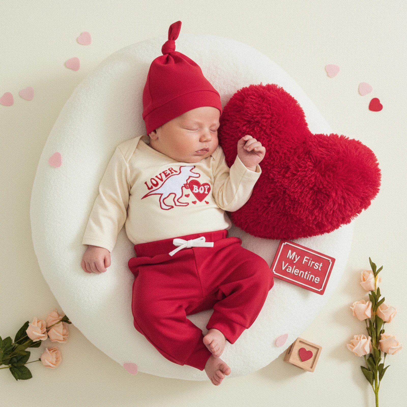 

0-12M Newborn Baby Boys Valentine's Day Outfit Long Sleeve O Neck Letter Embroidery Jumpsuit Hat Elastic Waist Pants Set