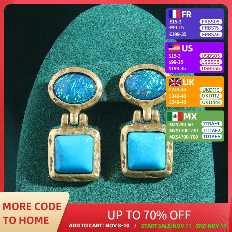 

Винтажные серьги с опалом, квадратные, синие, бирюзовые, ювелирные изделия, роскошный опал, натуральный камень, висячие серьги для женщин, 2024, дизайнер высокого качества