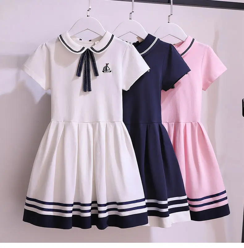 2024 Summer New retro Girls long Dress Cotton Sailor Collar Teenager striped JK Preepy Dresses Baby Clothes Toddler 8 10 12 year