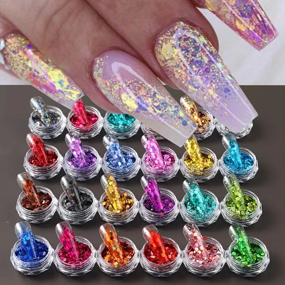 24Pcs/Set Holographic Nail Glitter Sequins Mixed-Sizes Iridescent Hexagon Chunky Flakes for Festival Body Face Nail Makeup Decor