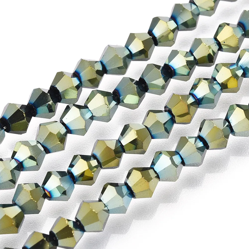 Electroplate Glass Bead Strands Rainbow Plated Faceted Bicone Green Plated 4x4.5mm Hole: 1mm 75~78pcs/strand 28~29cm