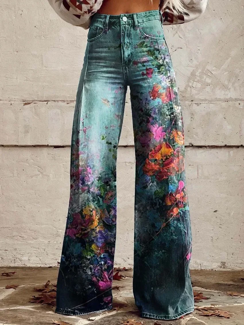 Jeans de flor e grama jovem estampado em 3D para mulheres, calça micro-flare feminina, jeans de perna larga, padrão floral retrô, nova moda