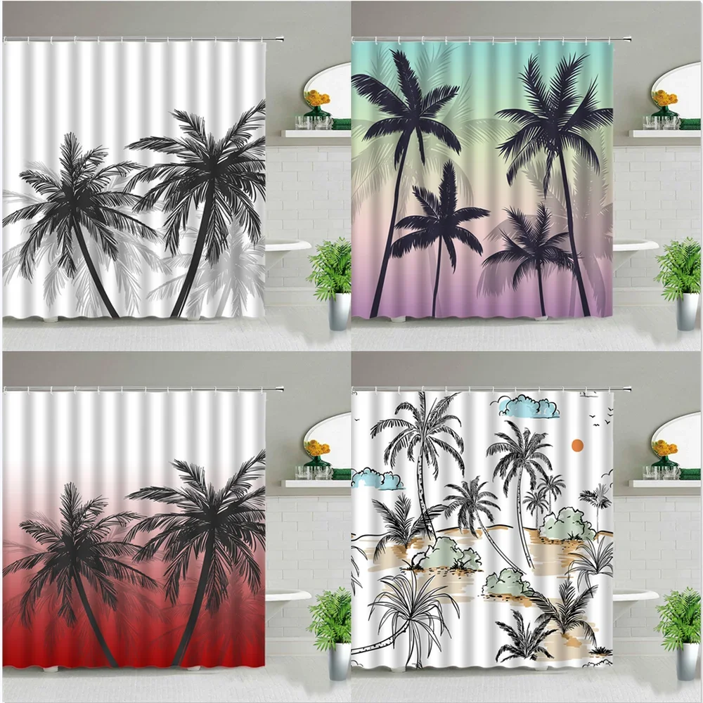 Palm Tree Waterproof Shower Curtains Tropical Plants Hand Painted Modern Scenery Bathroom Curtain Bathtub Home Decor With Hooks