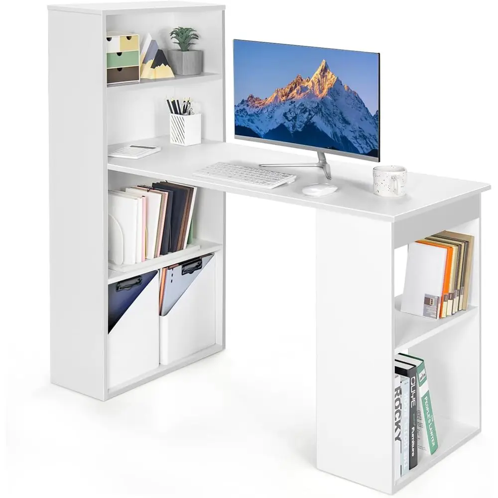 

48 Inch Computer Desk with Bookshel, 3-in-1 Home Oice Desk with 4-Tier Bookcase & CPtand, Space-Saving Reversible Writing Desk W