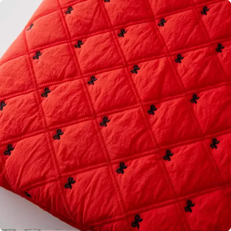 

Chinese red checkered bow embroidery fabric for diy quilted vest and jacket clothing polyester cotton fabric