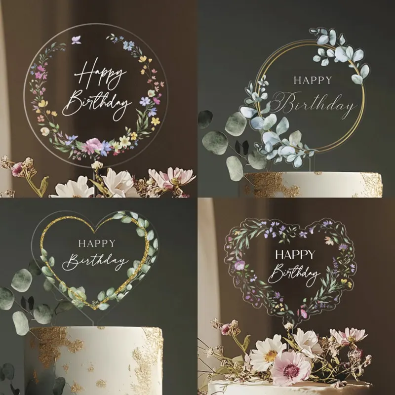 Transparente Farbige Happy Birthday Tortendekoration Blatt Acryl Hochzeit Party Tortenaufsatz Dekoration für Babyparty Backzubehör