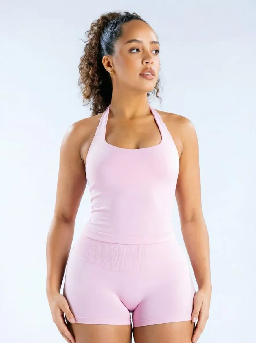 Workout Yoga 2-Teiliges Damen 3-Lagiges Neckholder Sportoutfit, Hochelastisches Nahtloses Gepolstertes Cami-Tanktop & Passende Shorts Set – Detail 12