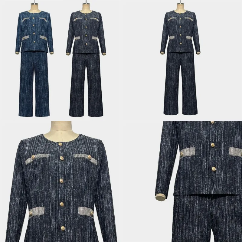 

Miyake Fold 2025 New Autumn/Winter Fashion Fold Set Denim Elastic Long Sleeve Top High Waist Casual Pants Two Piece Set Pleated