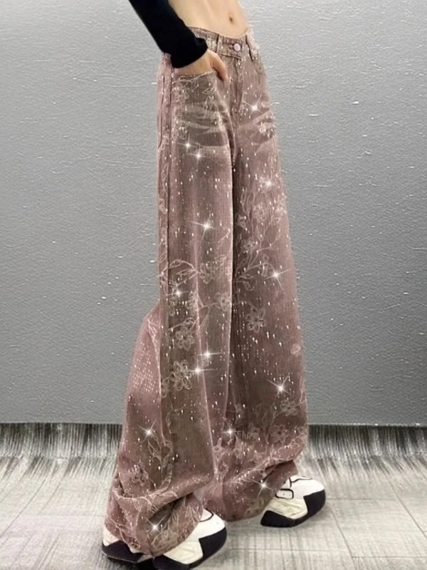 

American Sle Retro Diamond Print Loose Women's Jeans High Waist Wide Leg Pants Casual Comfortable Wear Resistant