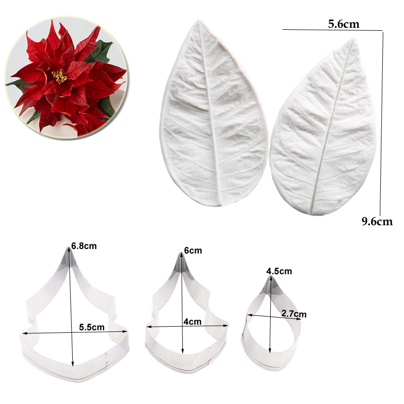 5pcs Poinsettia Double Veiner Side Silicone Mold & Flower Cutter Set Cake Decorating Fondant Petal Clay Mold Sugarcraft M2121