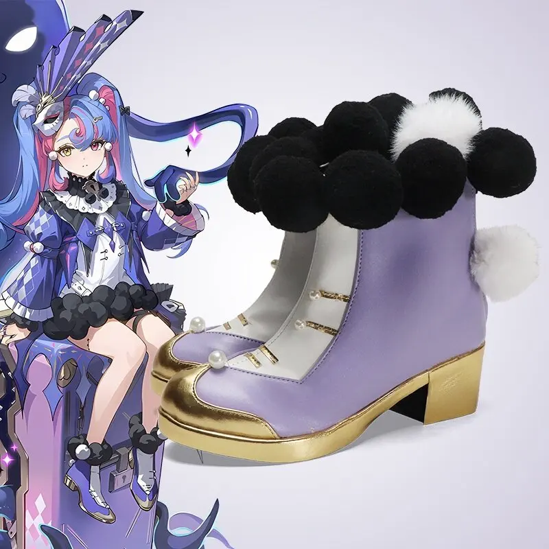 Anime Wuthering Waves Roccia Cosplay Shoes Purple High Heels Short PU Leather Boots For Halloween Carnival
